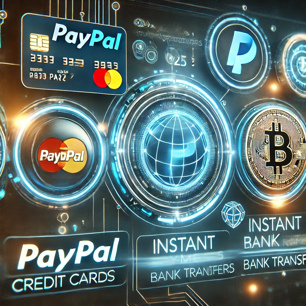 PayPal, Bitcoin, kredi kartları ve anlık banka transferi gibi ödeme yöntemlerini vurgulayan bir bahis sitesi arayüzü.