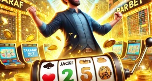 Tarafbet’te büyük ödülü kazanan bir oyuncunun kutlama sahnesi, altın paralar ve casino arka planı